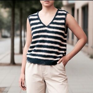Nautical Chic! Metallic Striped V-Neck Crochet Knit Sweater Vest M EUC